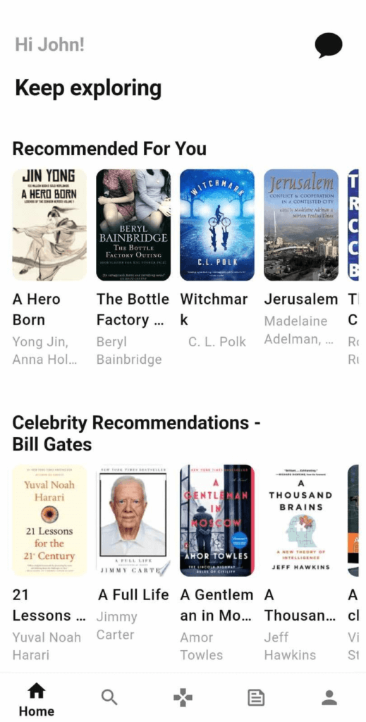 A screenshot displaying the Readpick mobile app's book list, where users are initially welcomed by their name, followed by a prompt to continue their exploration. This segment is organized into two rows, with the first featuring books recommended for the user, and the second showcasing books endorsed by celebrities.