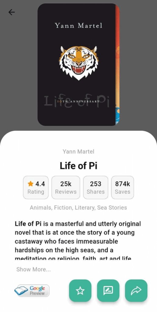 A screenshot showcasing the Readpick mobile app's book overview feature, with "Life of Pi" by Yann Martel selected for demonstration.