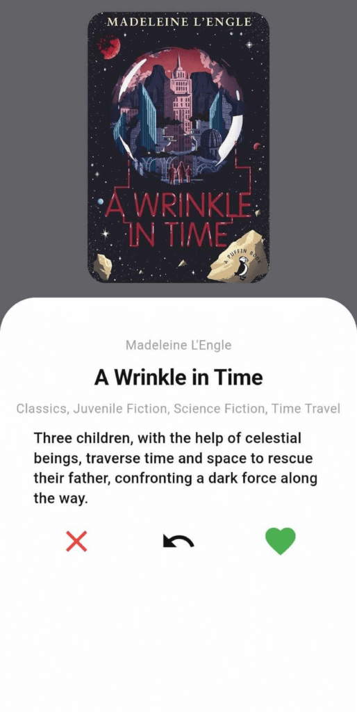 A screenshot of the Readpick mobile app showcasing "A Wrinkle in Time" by Madeleine L'Engle as the sample book to showcase the feature how book swiping looks.